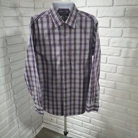 Banana Republic Men's Size Medium No Iron Slim Fit Purple White Blue Plaid Shirt - Picture 1 of 10